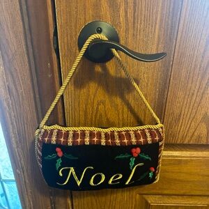 Holiday Noel velvet door knob hanger pillow gold color cord 11x6.5”